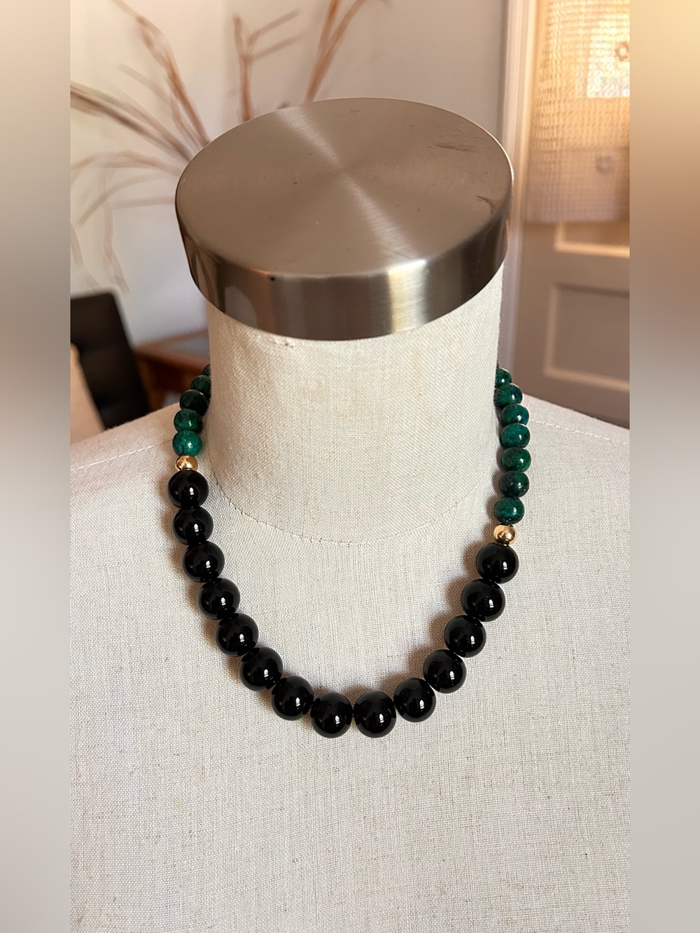 Black Stone Obsidian and Malachite Necklace with Gold Accents